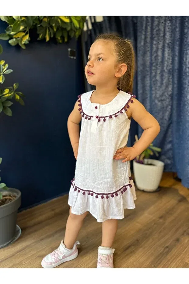 Детское платье для девочек с принтом Pompom şile bezi̇ children's elbi̇ dress Fortuna Butik, Purple — фото 2