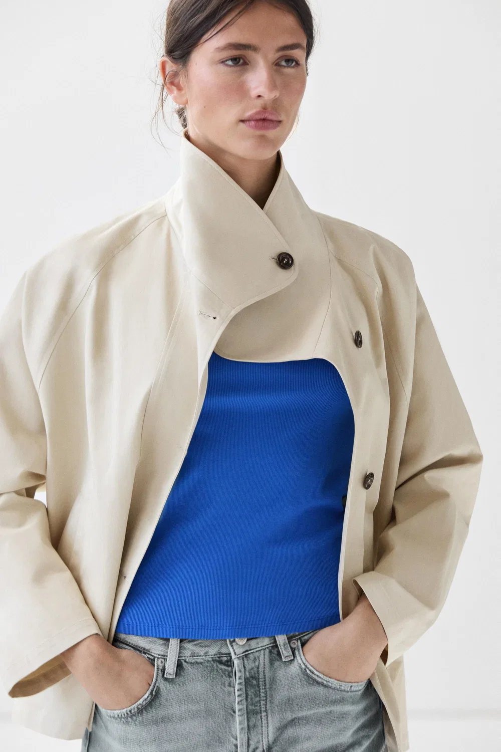 Куртка-накидка Massimo Dutti, из хлопка, бежевая — фото 3