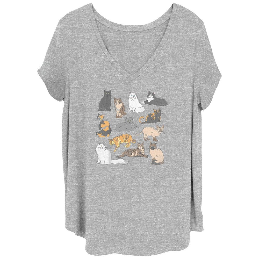 

Футболка Juniors' Plus Cats Jumble с V-образным вырезом и рисунком, цвет Heather Gray