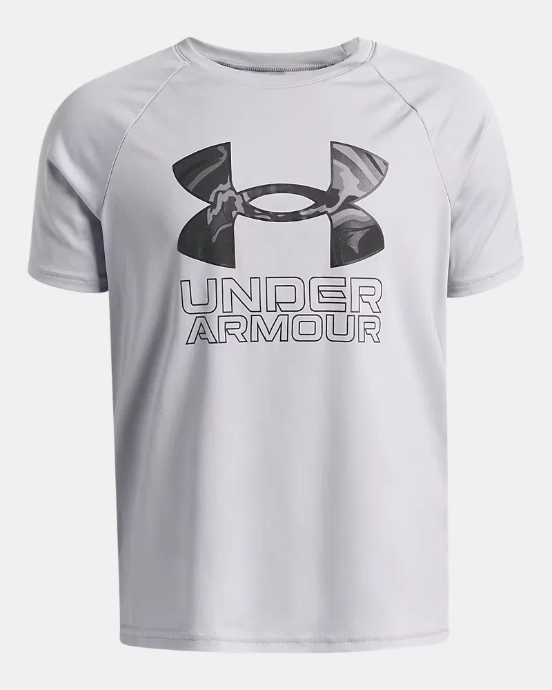 Футболка для мальчиков с коротким рукавом, влагоотводящая UA Tech Hybrid Print UnderArmour, Mod Gray/White