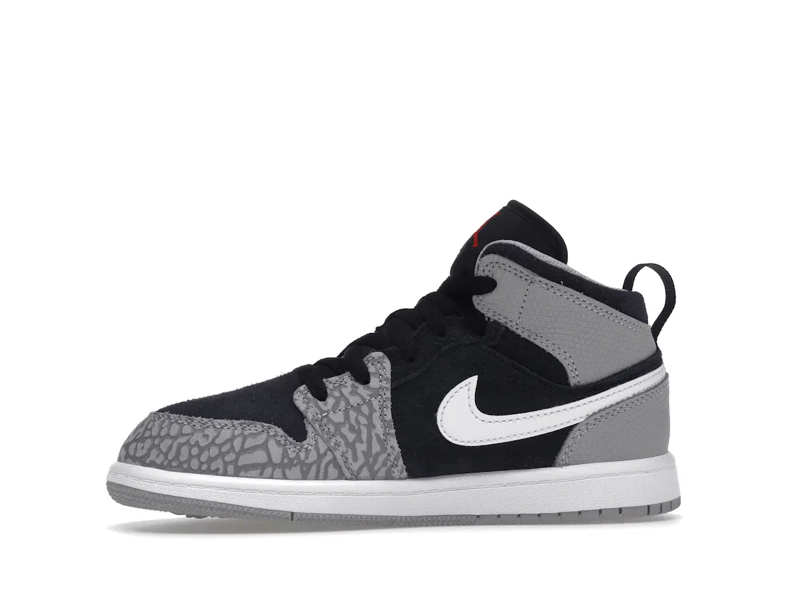 Детские кроссовки для мальчиков с принтом Jordan 1 Mid SE Elephant Print (PS) Jordan, Black/White/Light Smoke Grey/University Red — фото 3