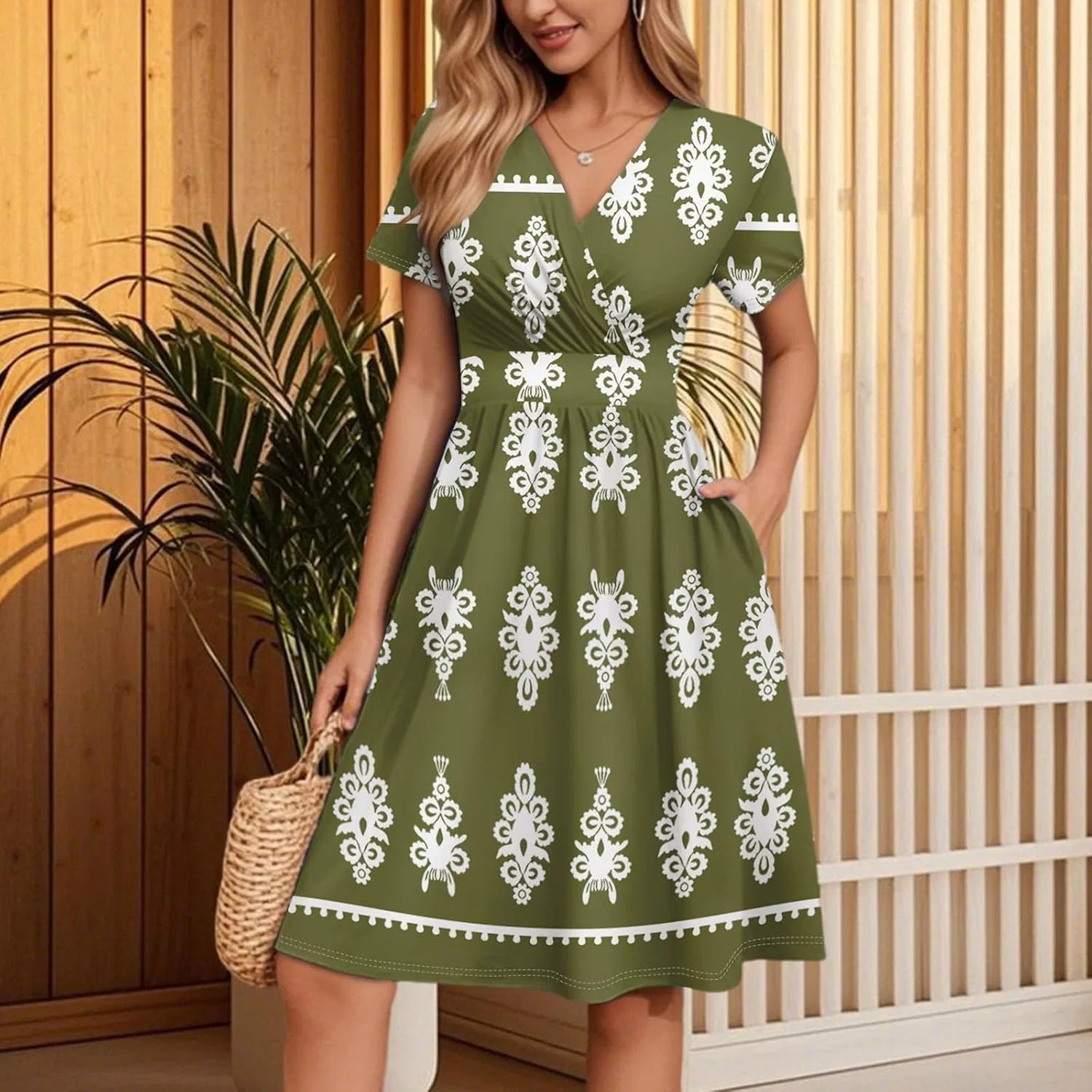 Женское коктейльное платье с коротким рукавом, cream dress, 2-dark Green — фото 2