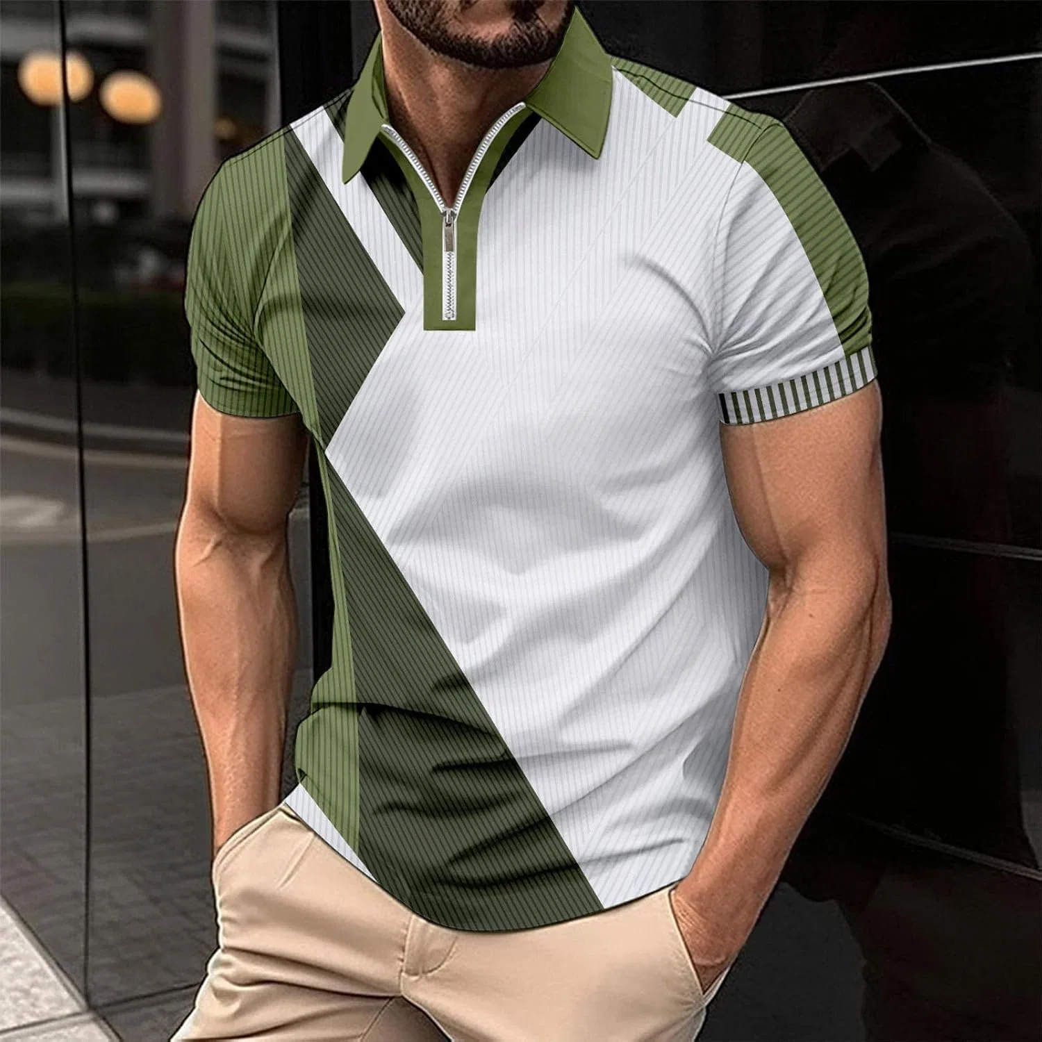 Мужская футболка с четвертью-застежкой и отложным воротником, Lightweight, Army Green — фото 2