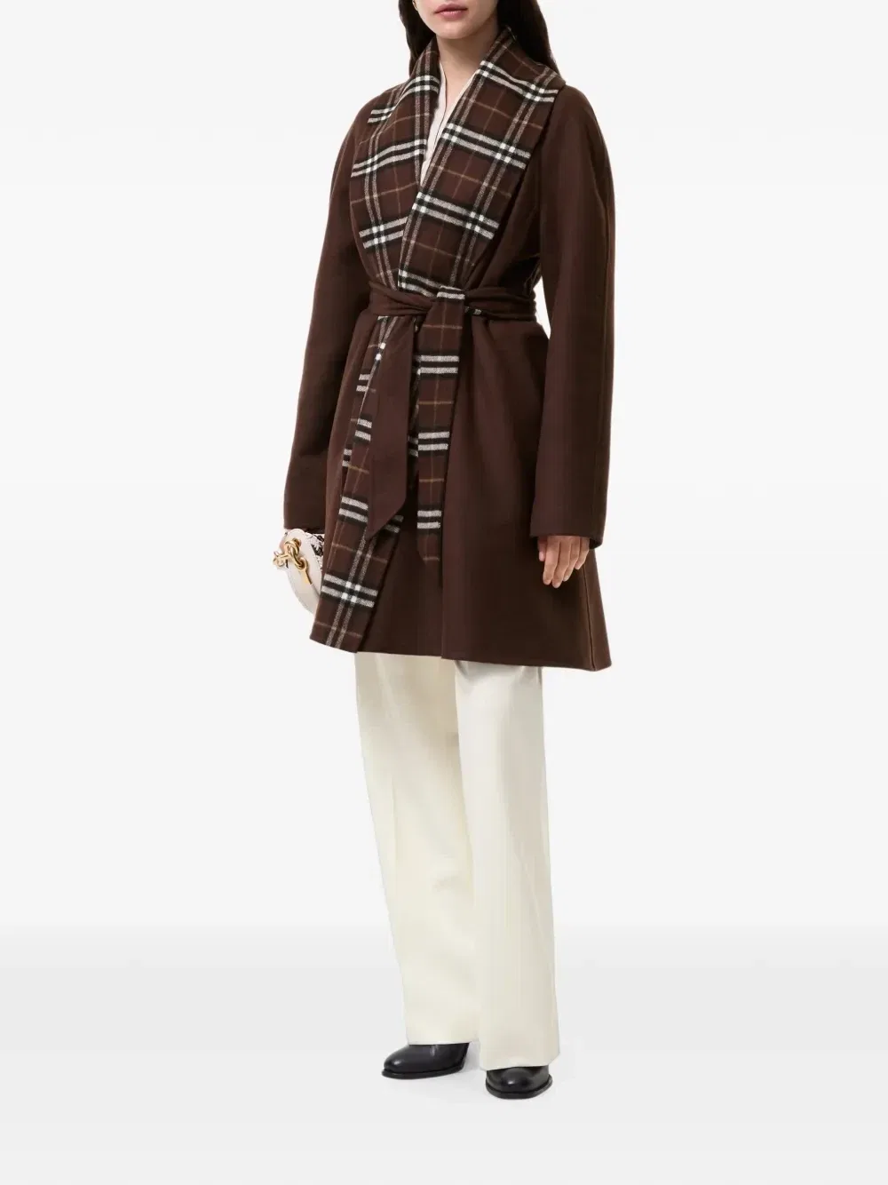Шерстяное пальто с запахом и отделкой в клетку BURBERRY, коричневый — фото 2