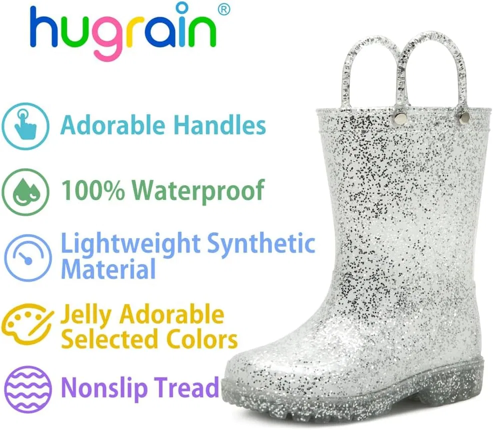Детские дождевые сапоги для девочек с принтом HugRain, Glitter Silver — фото 3