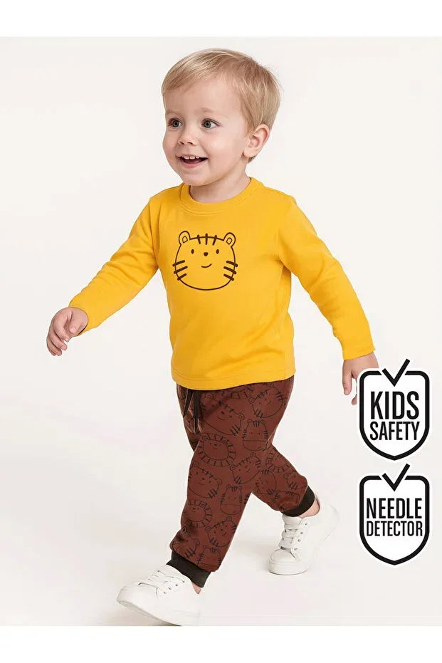 Детский комплект из футболки и брюк с принтом Sportswear Denokids, Sarı