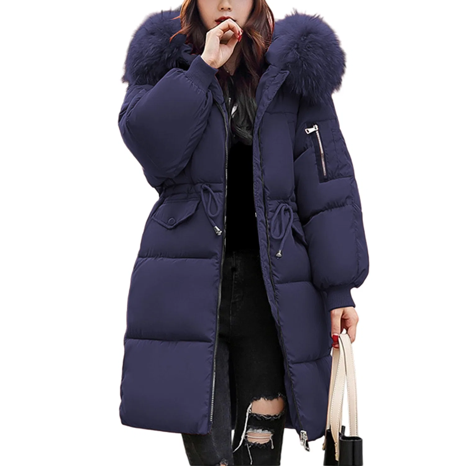 Женское длинное пальто с капюшоном и искусственным мехом, Blu navy