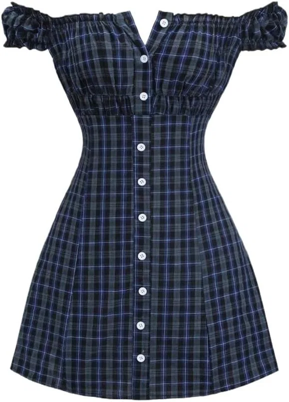 Женское платье мини A-силуэта с запахом, клетка, Off Shoulder, Blue