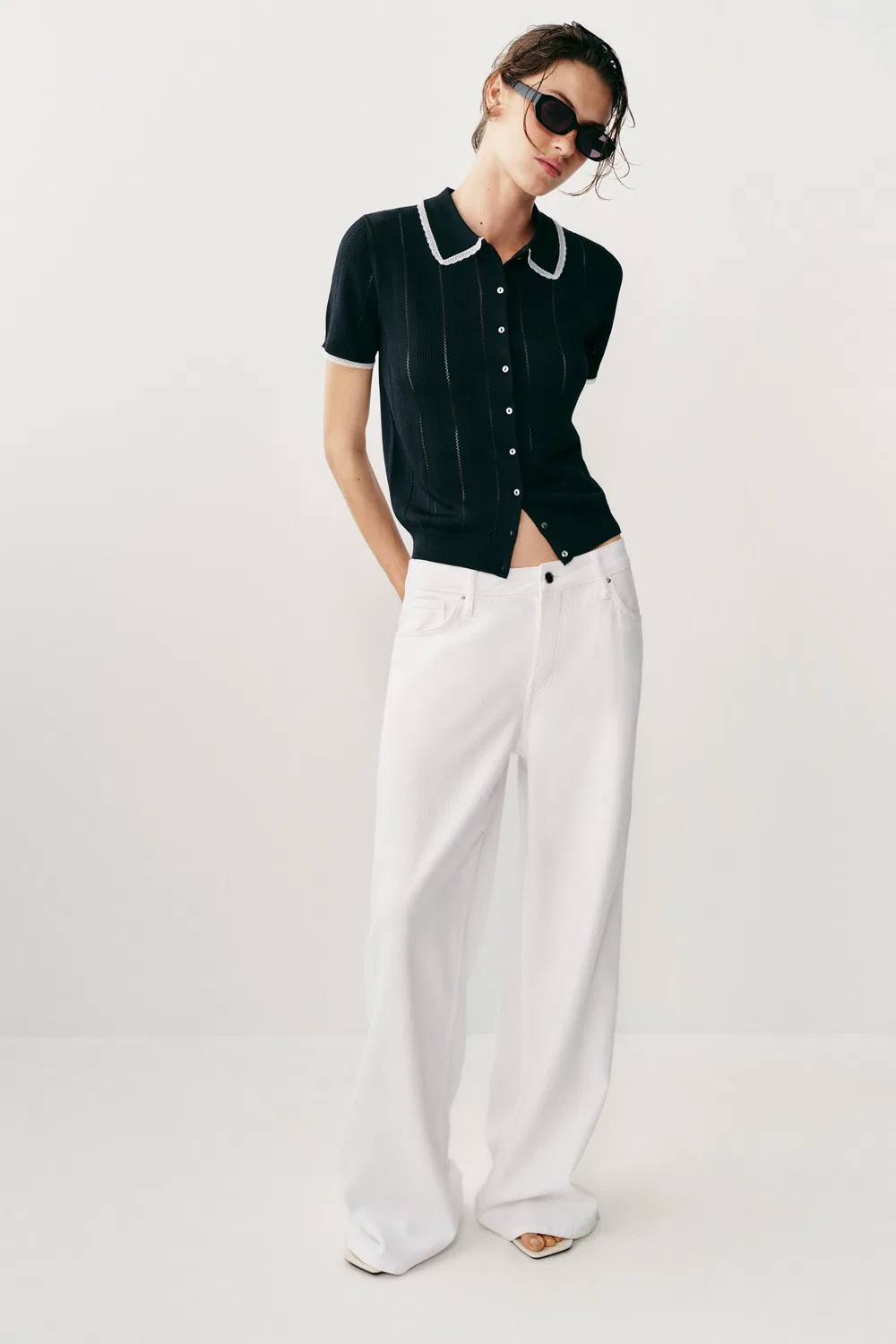 Поло-кардиган с короткими рукавами и кружевной отделкой ZARA, Navy Blue
