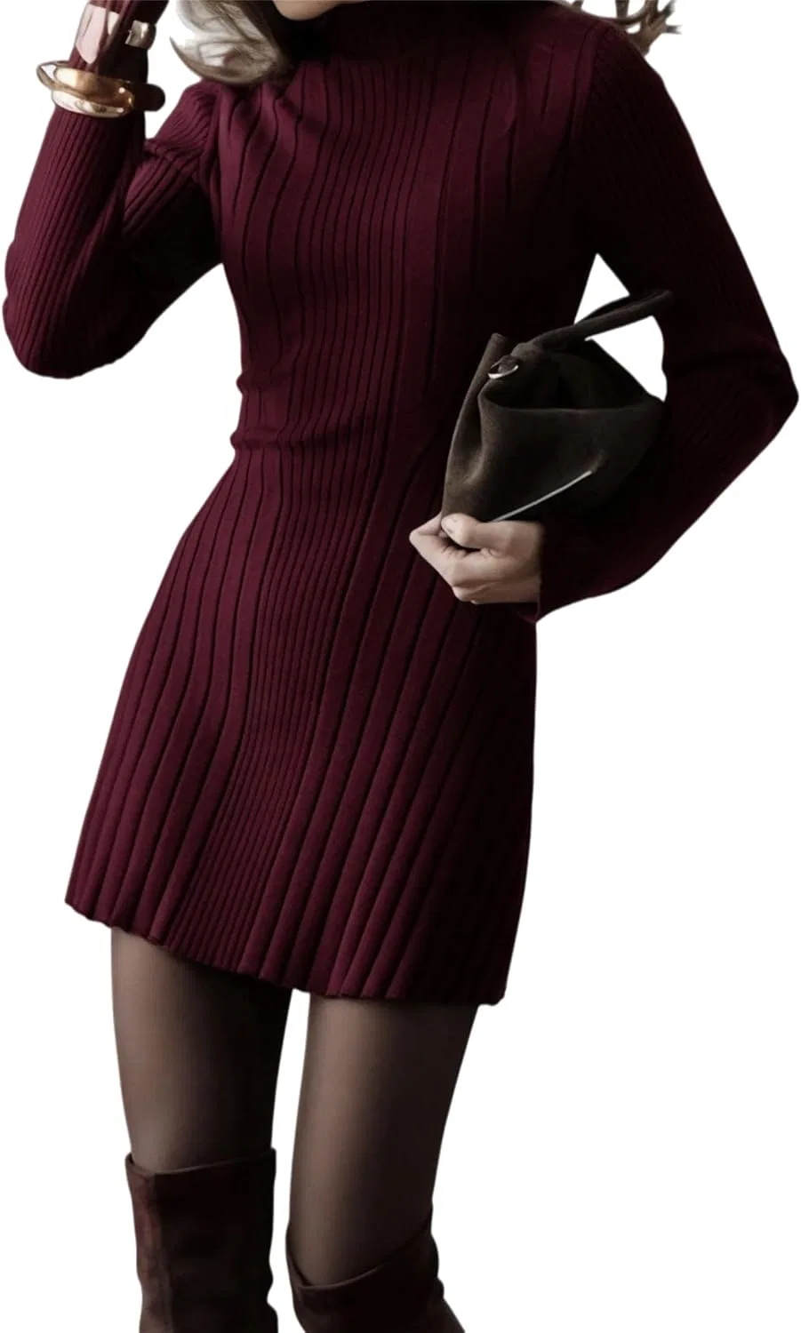 Женское облегающее платье с высокой горловиной A-силуэта, Dark Red