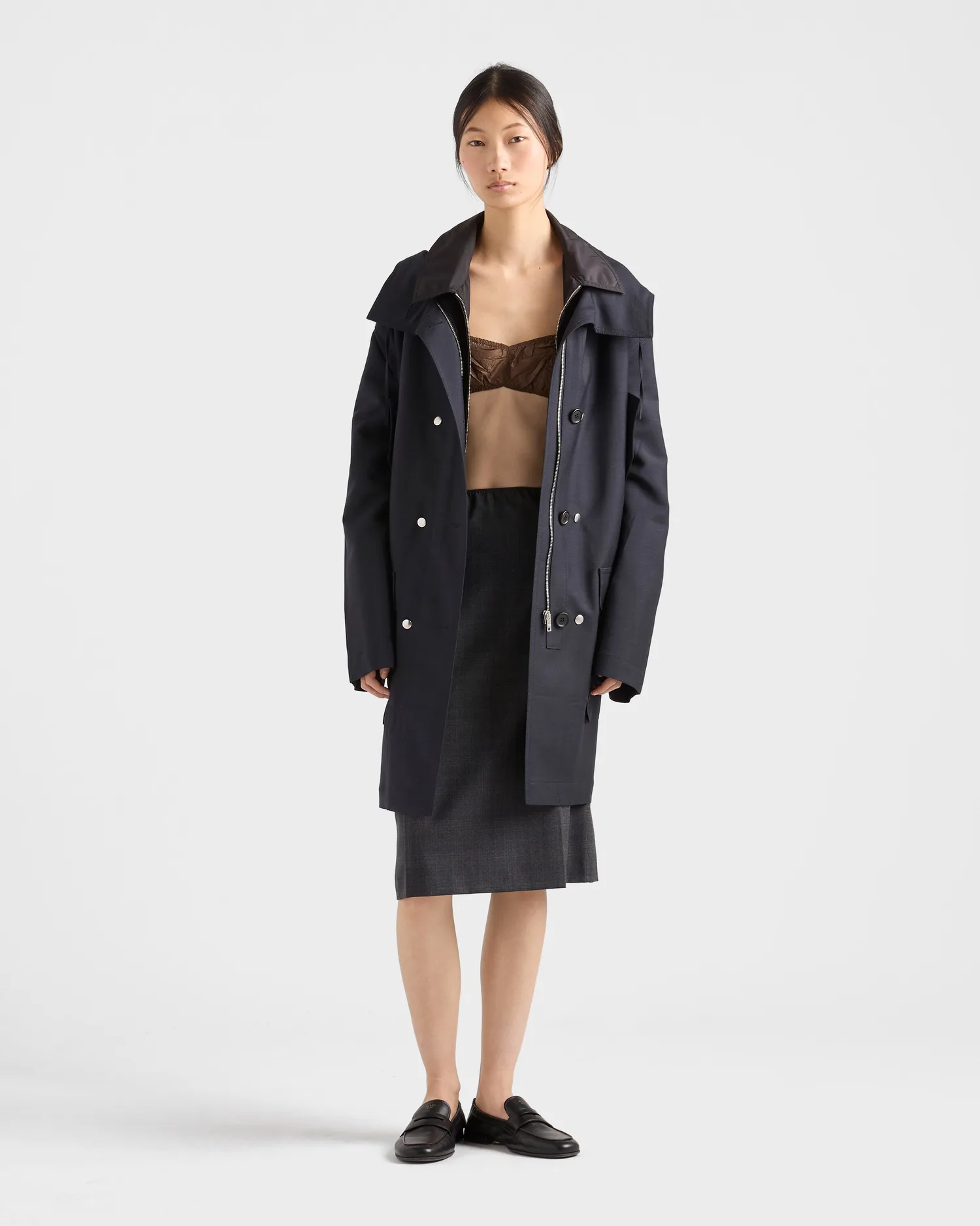 Однобортное пальто из мохера молодого козленка и переработанного нейлона Prada, синий — фото 2