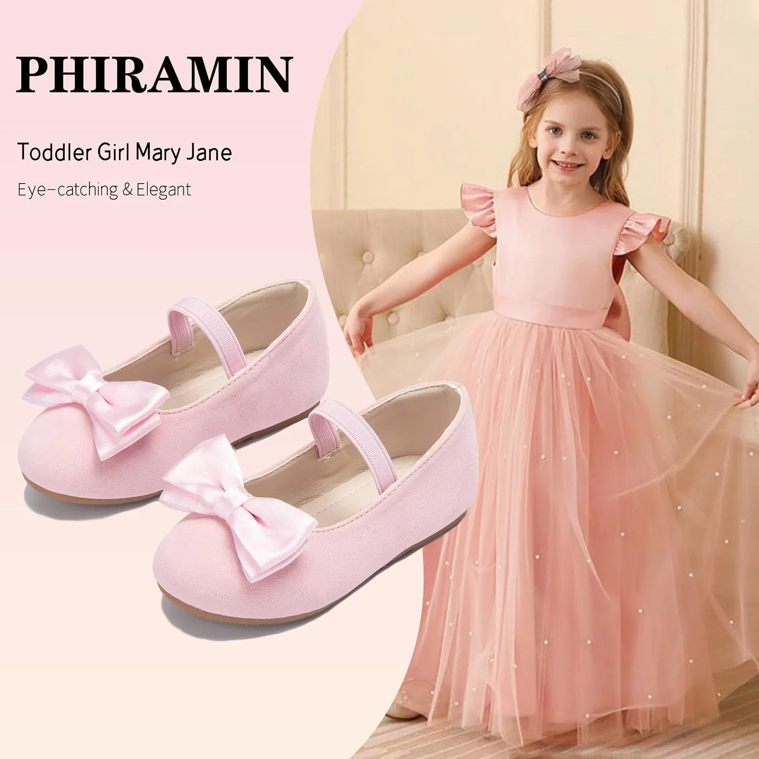 Детские туфли-балетки для девочек с бантом PHIRAMIN, Faux Suede Pink — фото 4