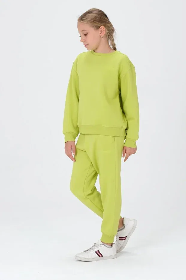 Детский комплект спортивного костюма для девочек с принтом Crew neck print detailed fleece-lined girls' tracksuit set Black One, Pistachy Green — фото 3