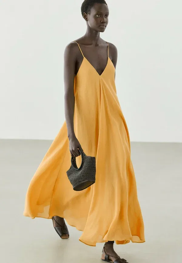 Платье свободного кроя Flowing v-neck dress Massimo Dutti, light yellow, светло-желтый — фото 2