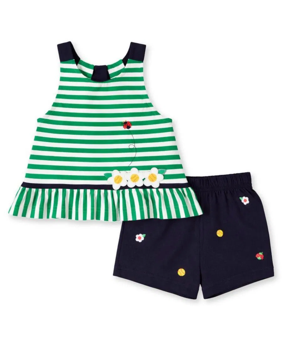 Детский комплект для девочек из топа и шорт с принтом Big Girl Knit Short Set With Softballs, Flowers, Ladybug Florence Eiseman, Green