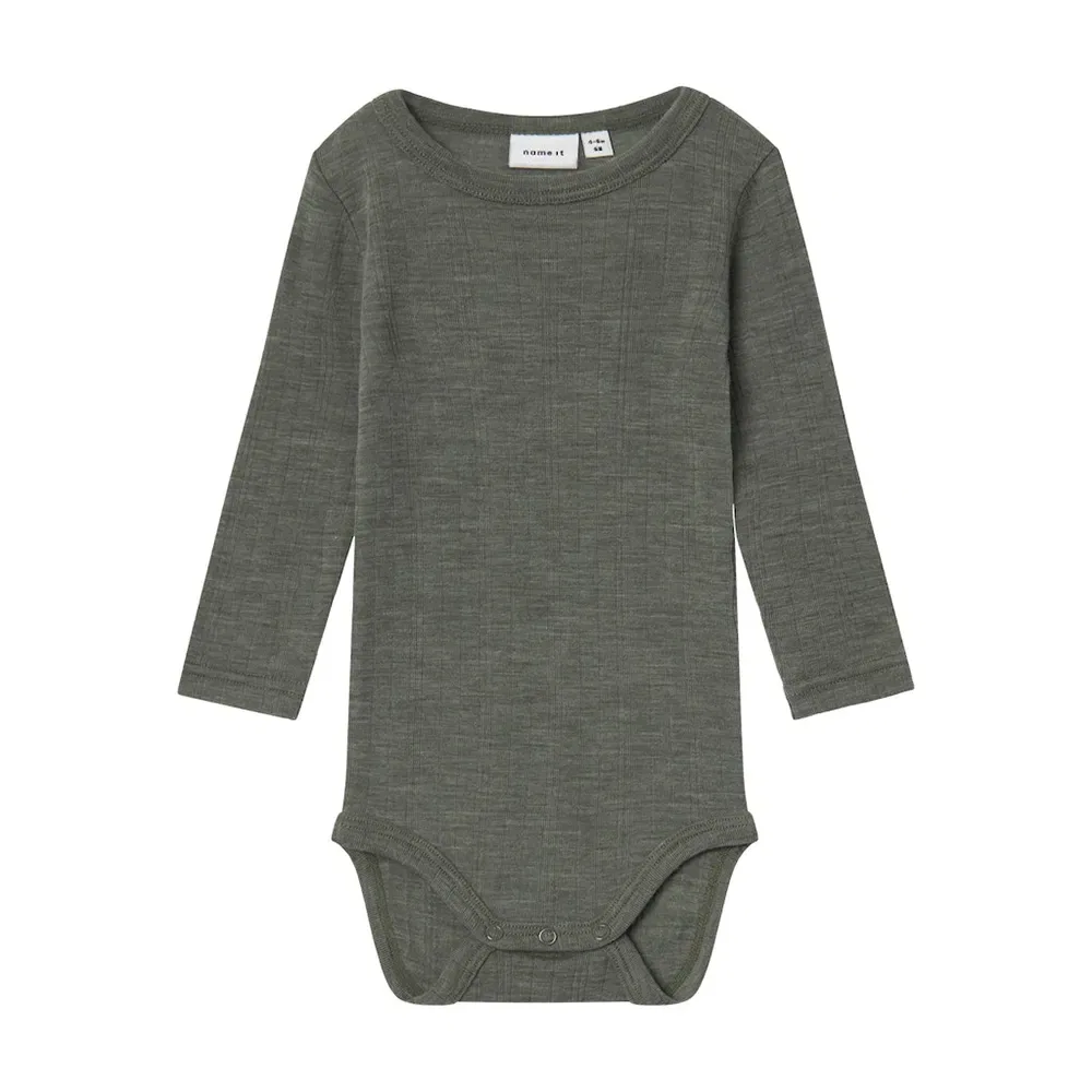 Боди с длинными рукавами из шерсти Name It Wang, однотонное, зеленый