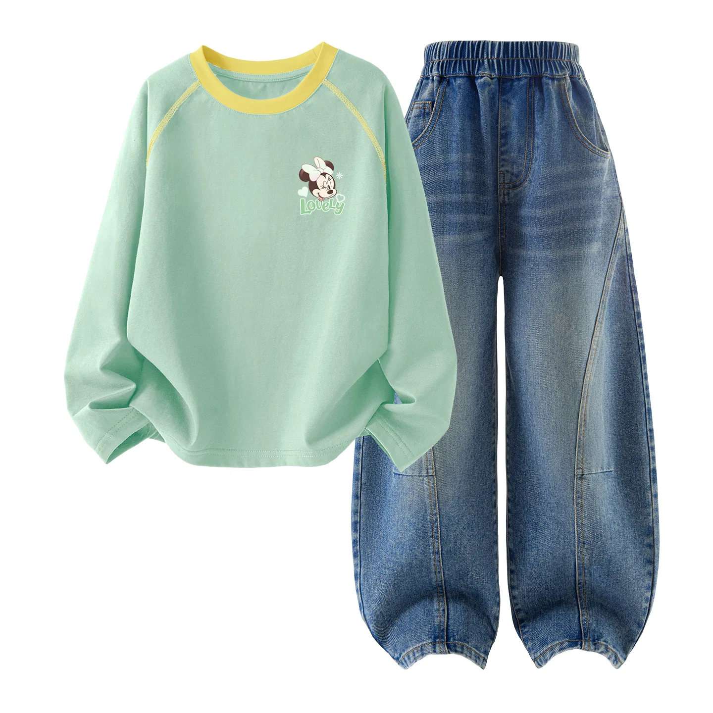 Детский спортивный костюм с принтом Disney Kids Casual Sportswear, Dior Heart Niche Spring Sprout Green+Solid Color Denim Blue