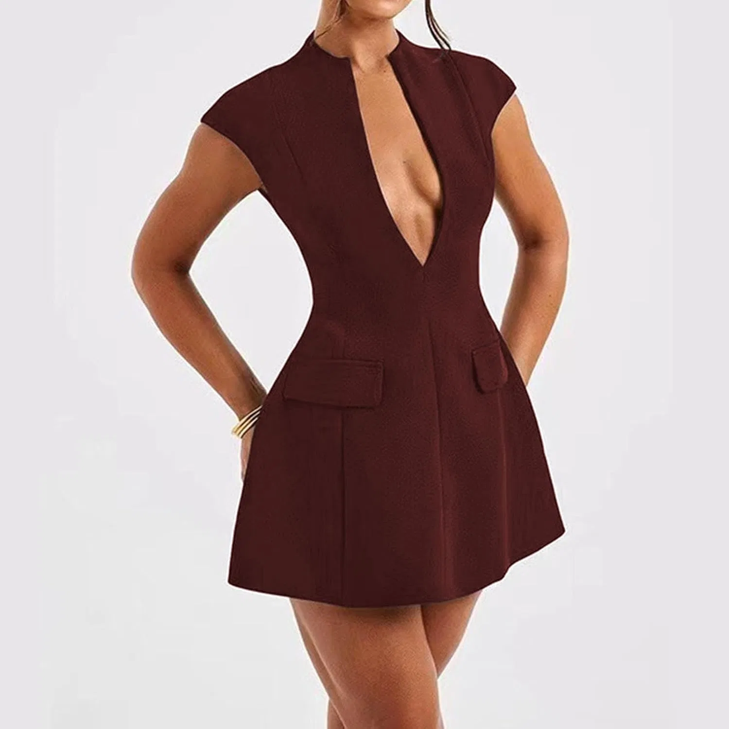 Женское мини-платье с глубоким V-вырезом и капюшоном Bodycon, Brown — фото 4