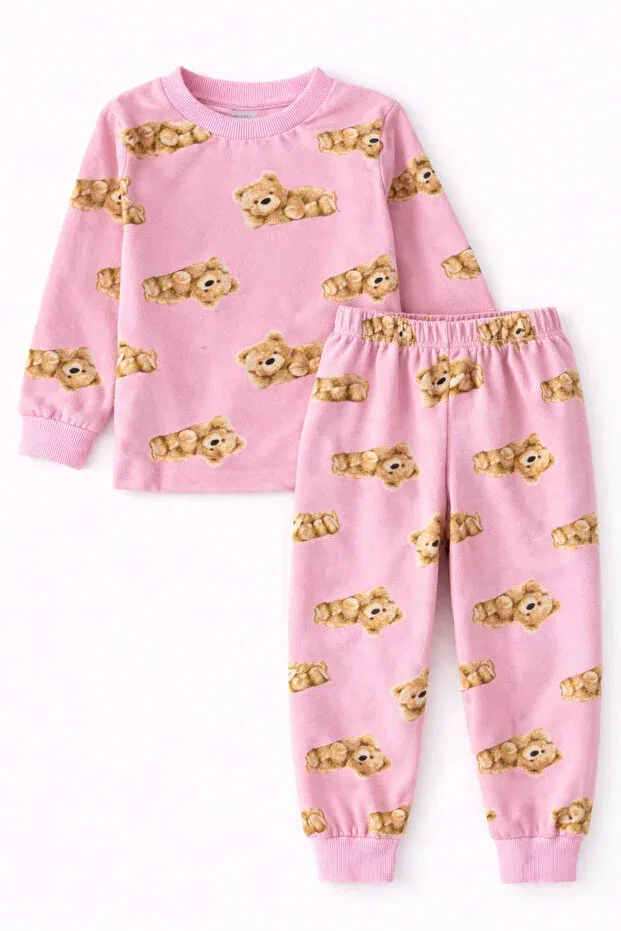 Детский комплект пижамы из микрозамши с принтом Oz baby Unisex Baby And Child Set 1-4 Years Micro Suede Four Seasons Top And Bottom Pajamas Tracksuit Ozbaby.Com, Pink — фото 2