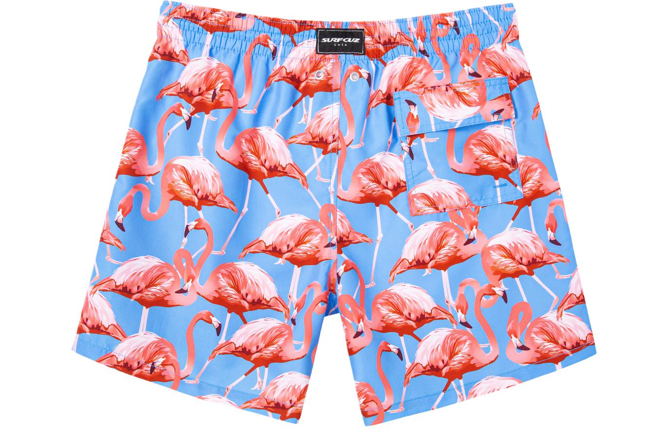 

Шорты пляжные мужские Blue Background Flamingo SURFCUZ, синий фон с фламинго