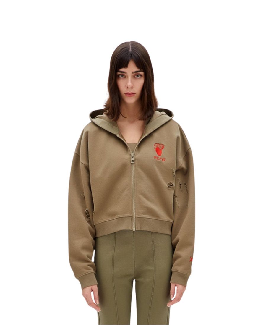 

Женская хлопковая толстовка с капюшоном на молнии и эффектом потертости PCFG, Covert green