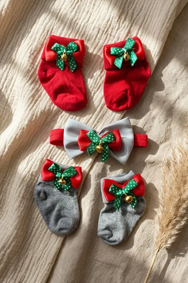 Детский комплект новогодних носков с рюшами и бантом Merry bells Babydonat, Red — фото 3