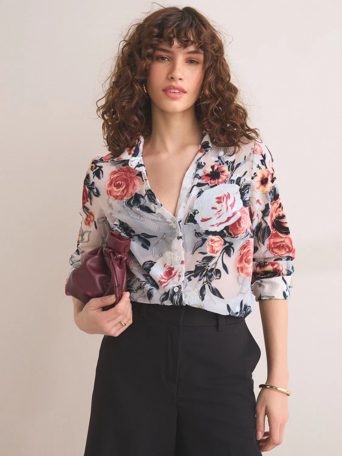 Рубашка с цветочным принтом, модель Premium Sheer Flocked Velvet Next, экрю — фото 3