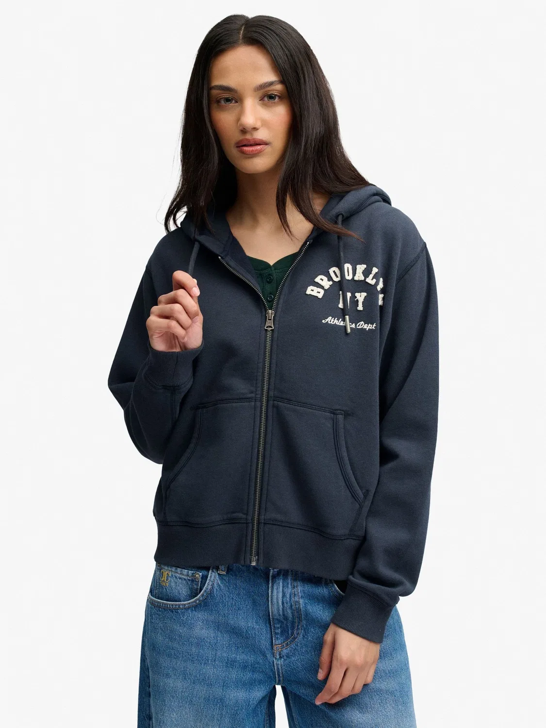 Худи женское, укороченное, на молнии Superdry Ath Ess Relaxed Crop Zip, синий