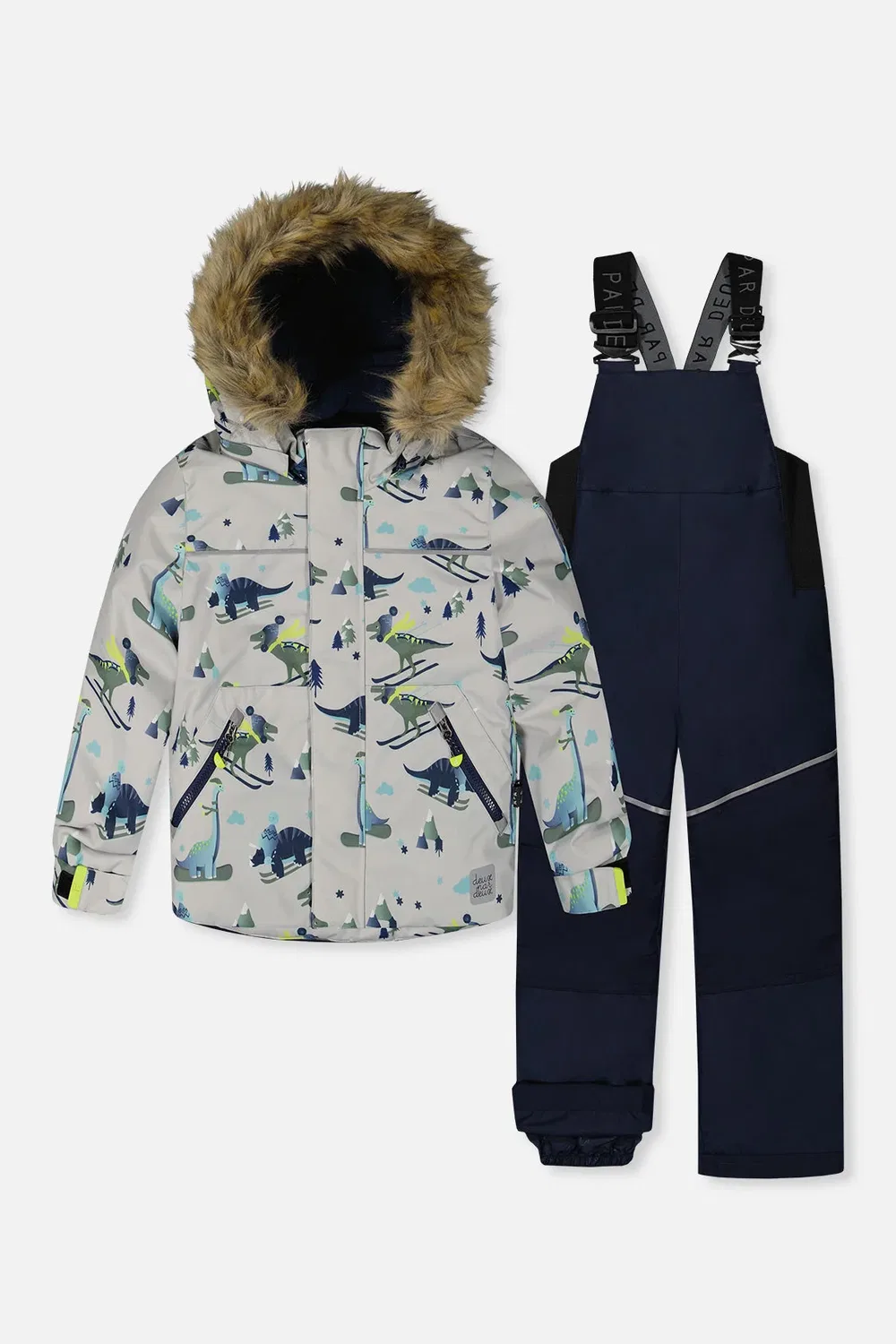 Детский комбинезон для мальчиков зимний утепленный Discover Snowsuit Deux par Deux, Grey Skiing Dinosaurs Print