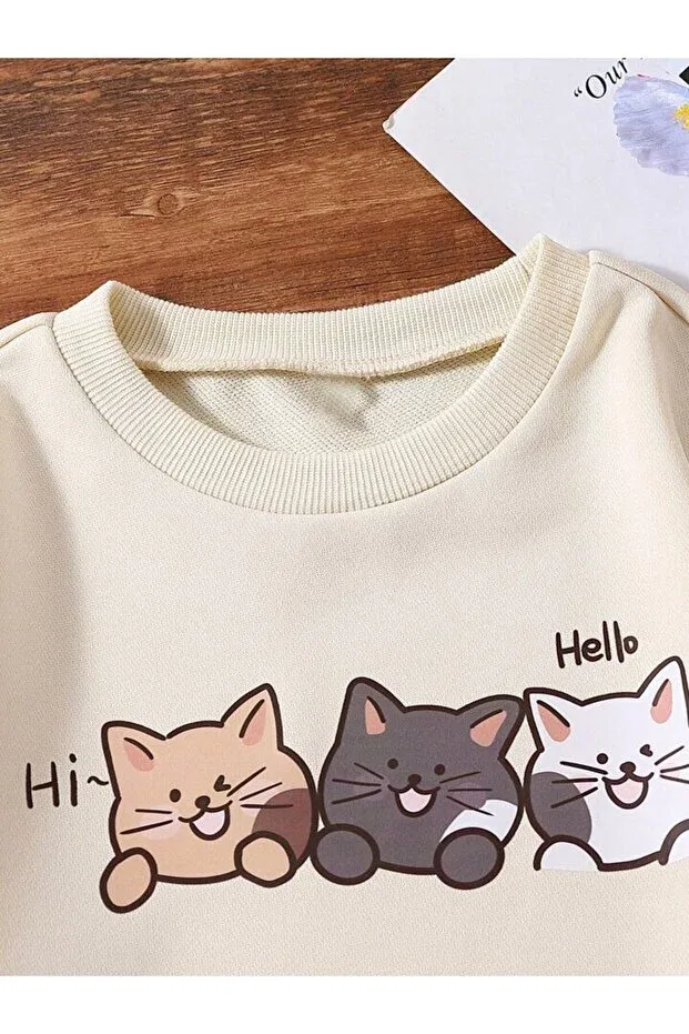 Детские свитшот для мальчиков с принтом Unisex kids hello 3 cats printed oversize sweatshirt hoodie Novibe, Bej1 — фото 3