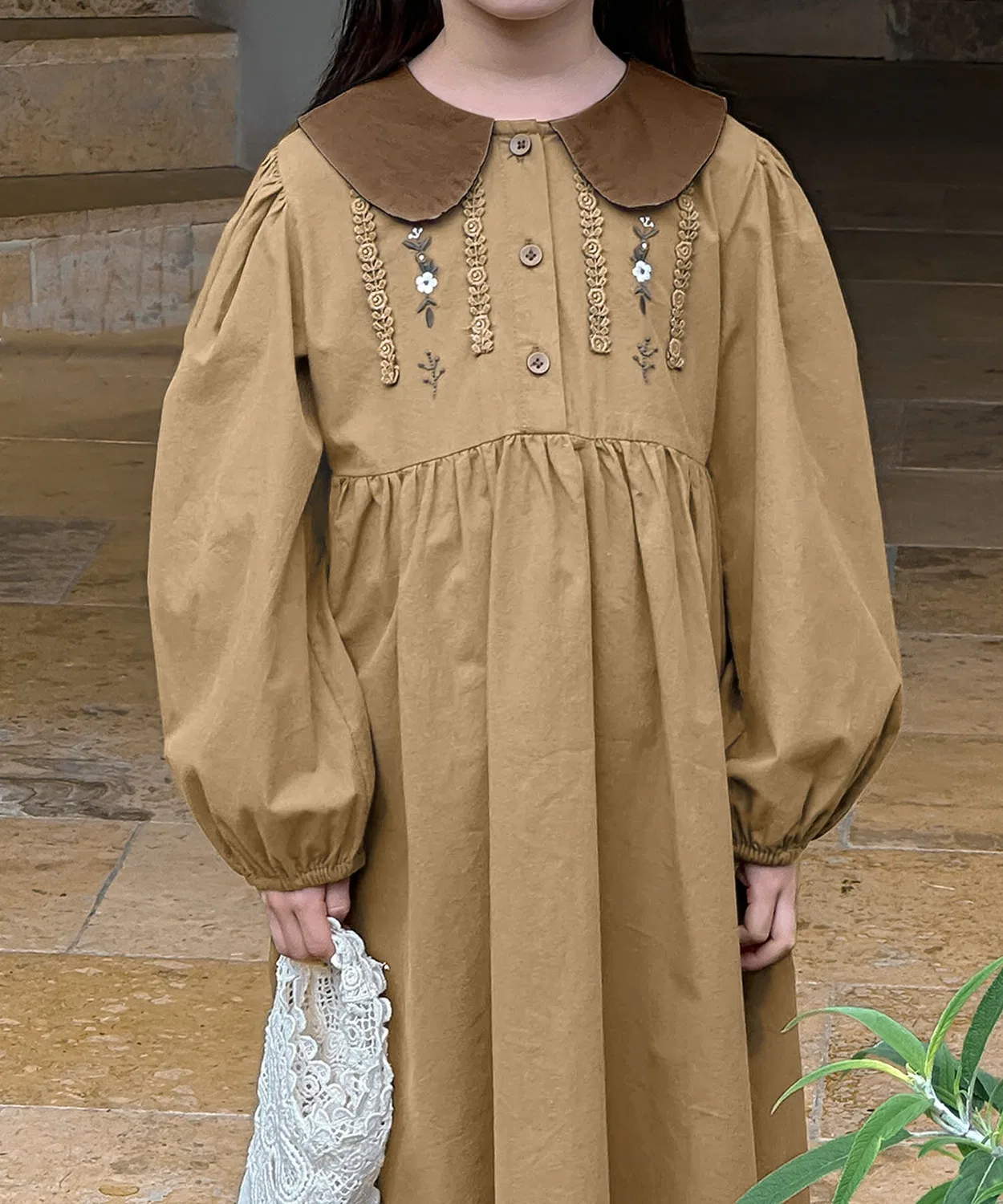 Детское платье для девочек с длинным рукавомс вышивкой aimoha, Beige
