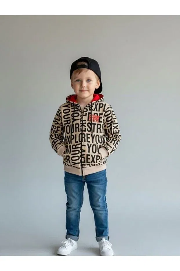 Детский кардиган с принтом для мальчиков Letter Printed Zekids, Beige — фото 2