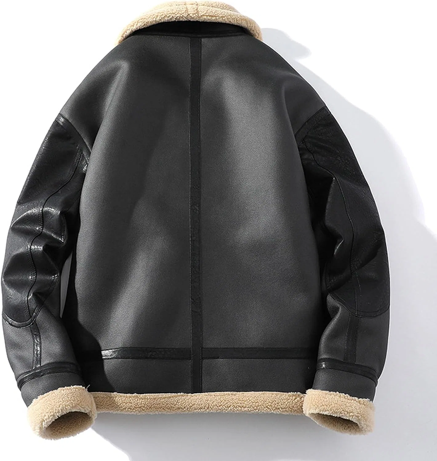 Мужская куртка из экокожи с искусственным мехом, модель Shearling Collar, чёрный — фото 4