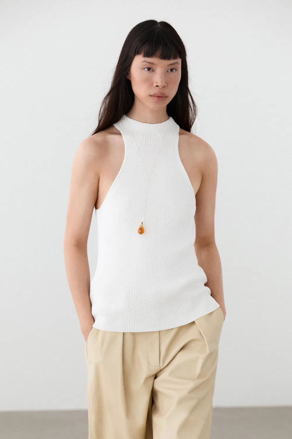 Топ Massimo Dutti Cotton Blend Halter With Ribbed Detail, белый