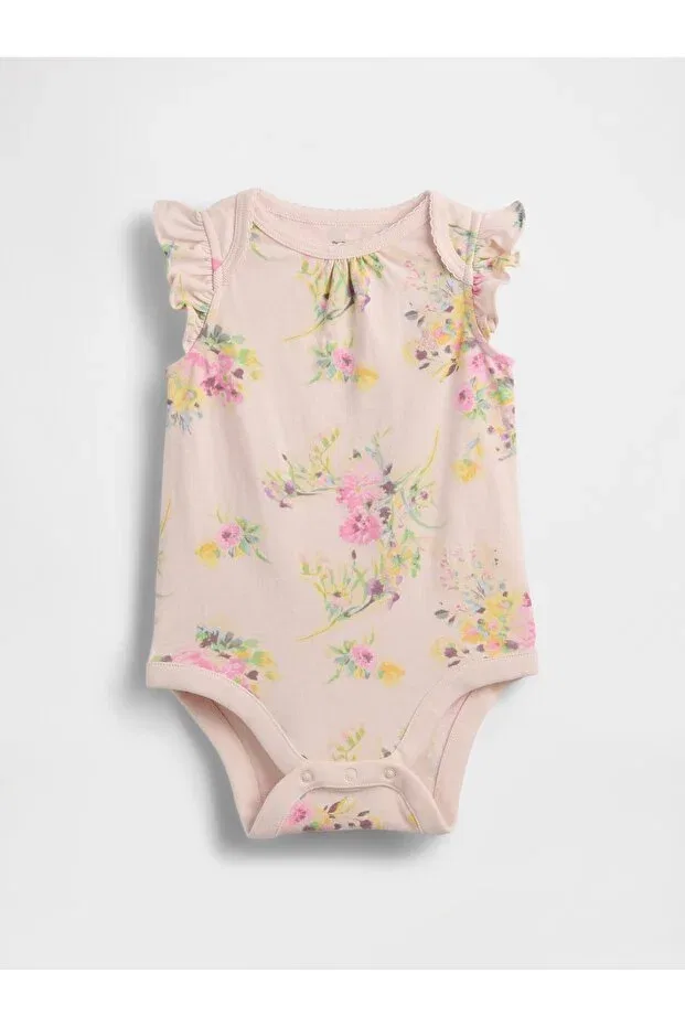 Детское боди для девочек с принтом Organic Cotton Flutter-sleeve Bodysuit Gap, Pink-000
