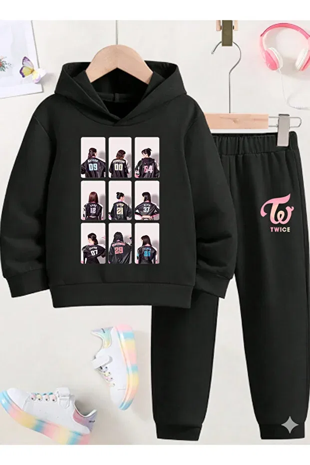 Детский комплект для девочек с принтом Twice printed sweatshirt set / k pop Stil X, Black-2