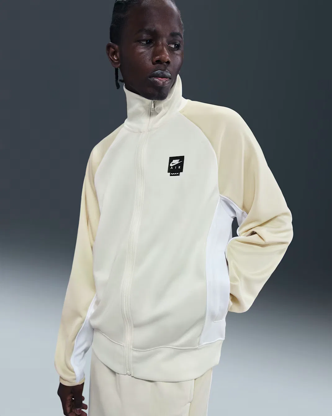 Мужская куртка на молнии из полиэстерового трикотажа Nike Air, Sail/Light Khaki/White/Black