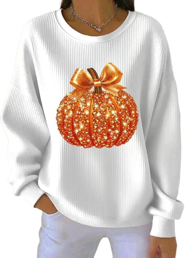Женский свитшот с пайетками и принтом тыквы, Autumn Sequin Pumpkin, белый