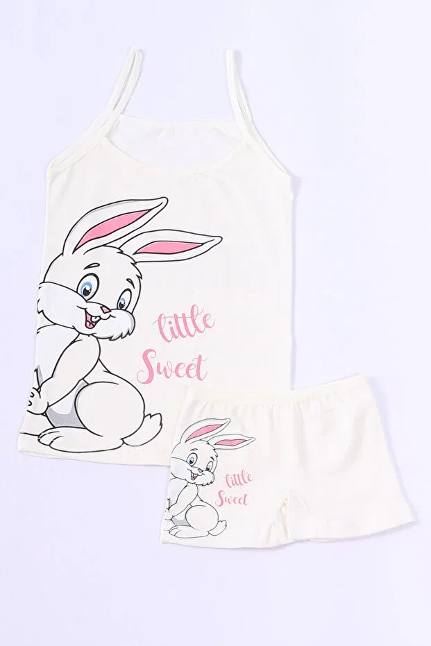 Детский комплект для девочек с принтом Rabbit Printed Rope Suspenders Shorts Set Dk Iç Giyim, Multicolor — фото 2