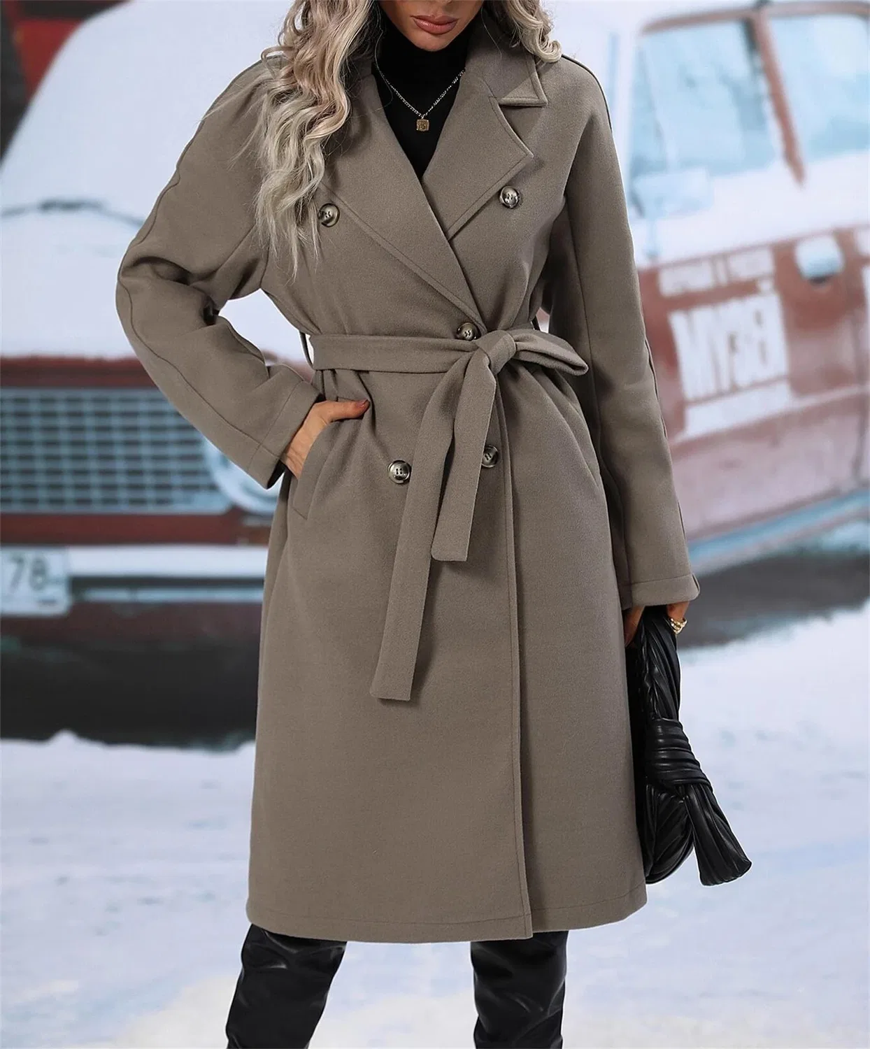 Женское пальто с двубортной застежкой и поясом, модель Elegant Casual Winter Warm Coat, Grigio — фото 4