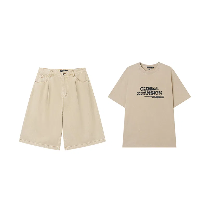 Детская футболка с принтом Beige T-Shirt+Ivory White Denim Shorts (Set) Teenie Weenie Men, Beige/Ivory White