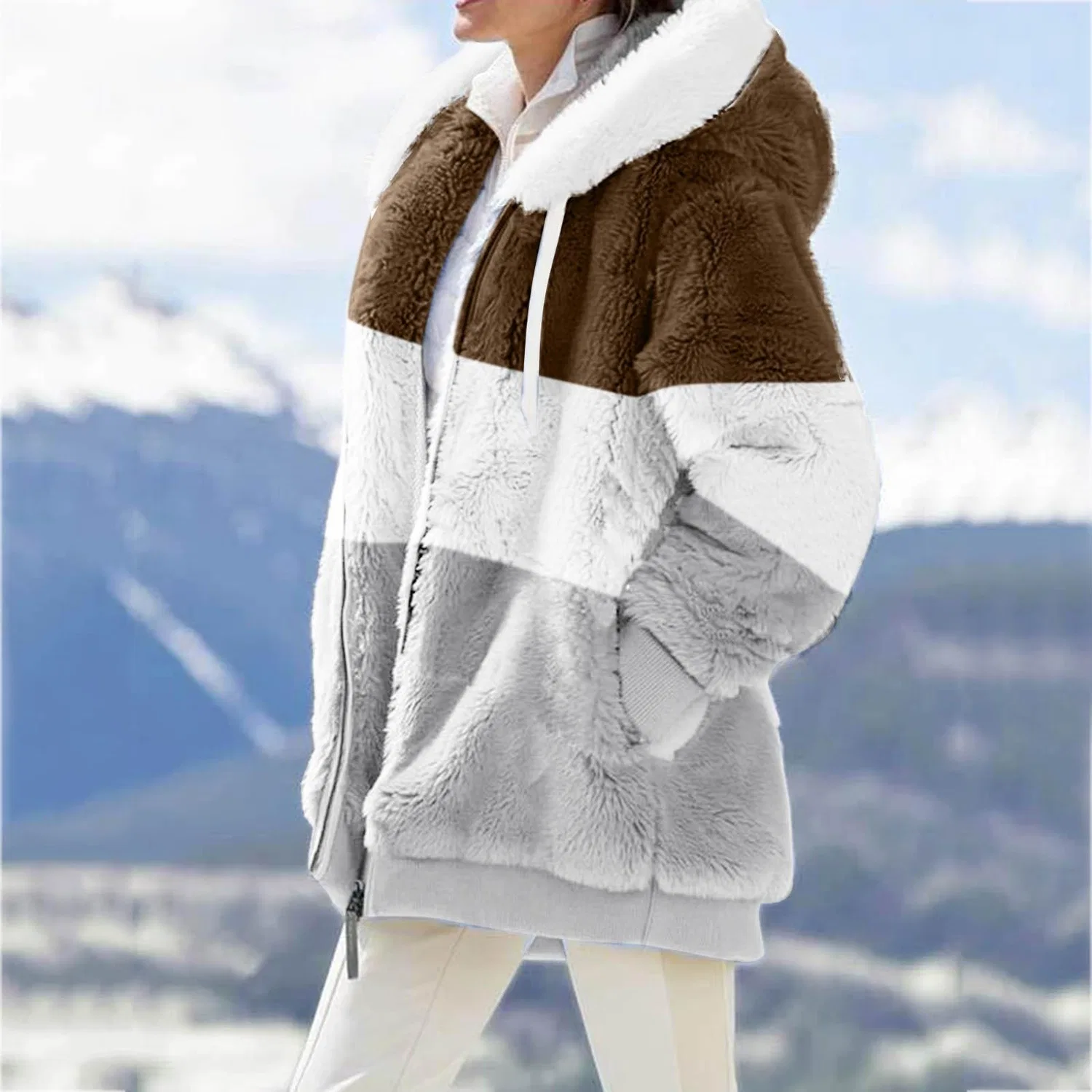 Женское флисовое пальто с капюшоном и карманами Color Block Teddy Fleece, Cachi — фото 2