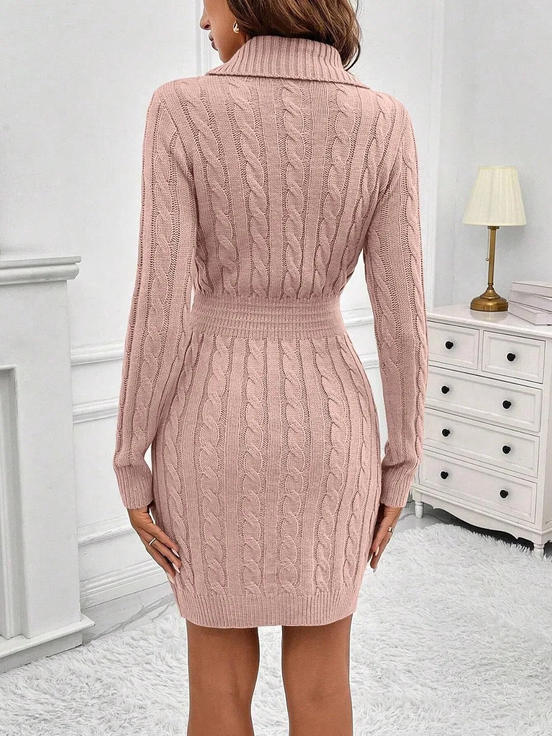 Женское платье-свитер с V-образным вырезом Casual Fall, Dusty Pink — фото 3