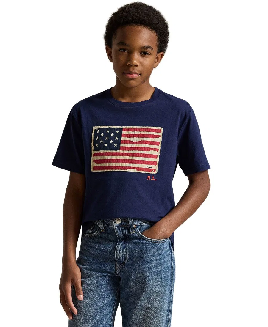 Детская футболка с аппликацией флага и вышивкой RL Polo Ralph Lauren, Cruise Navy