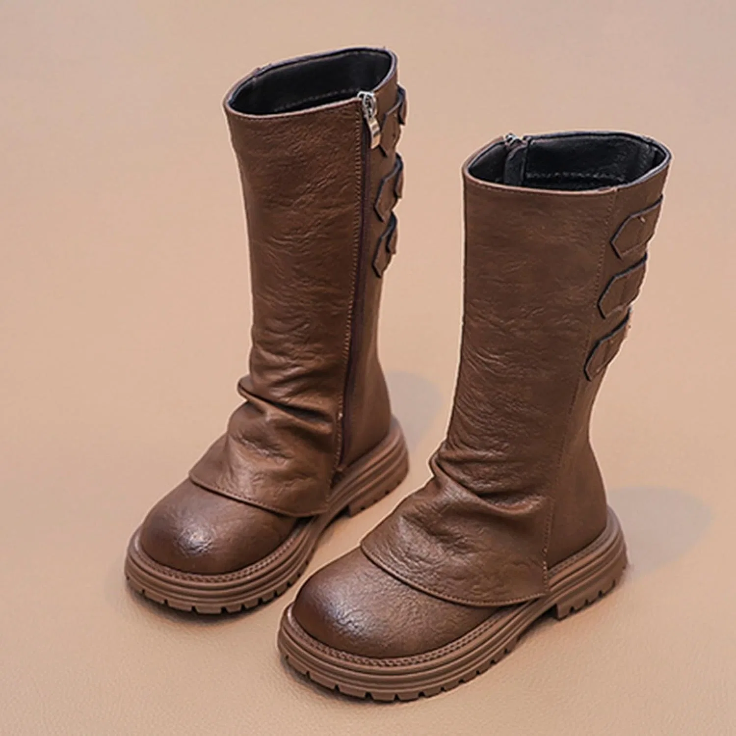 Детские ботинки для девочек с боковой молнией Combat Boots, Khaki — фото 3