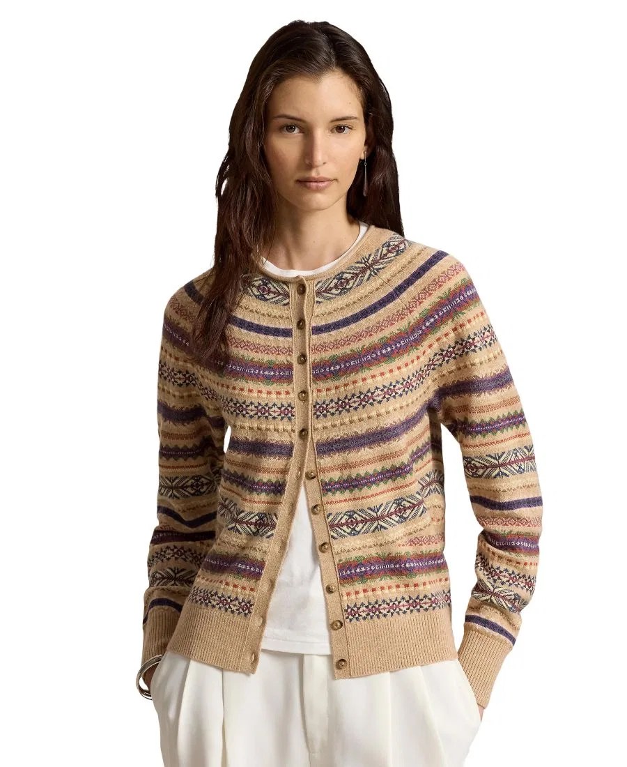 Женский кардиган из шерстяной смеси с узором Fair Isle, приталенный Polo Ralph Lauren, Tan Multi