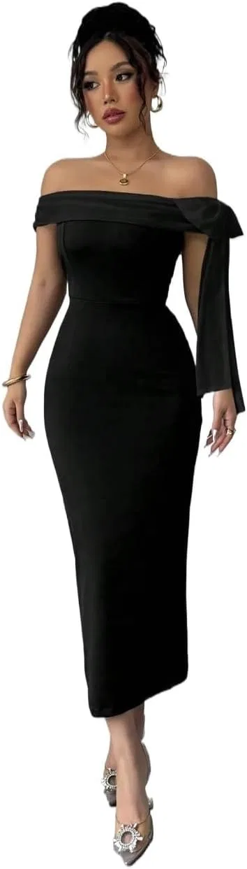 Женское повседневное миди-платье офф-шолдер Solid Color, Black