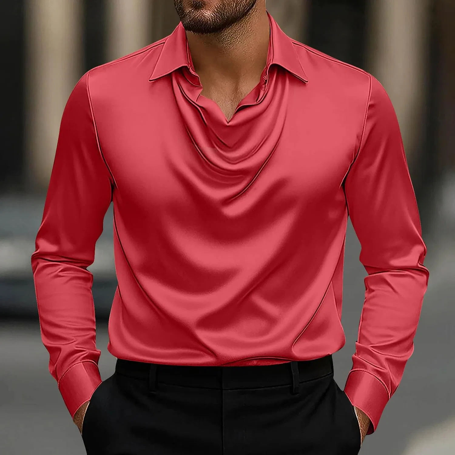Мужская рубашка с лацканами сатиновая Casual, Red — фото 2