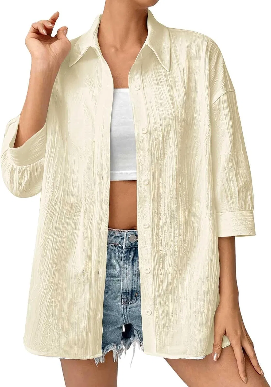 Женская летняя рубашка с коротким рукавом свободного кроя Beach Vacation Cover Ups, Beige-02