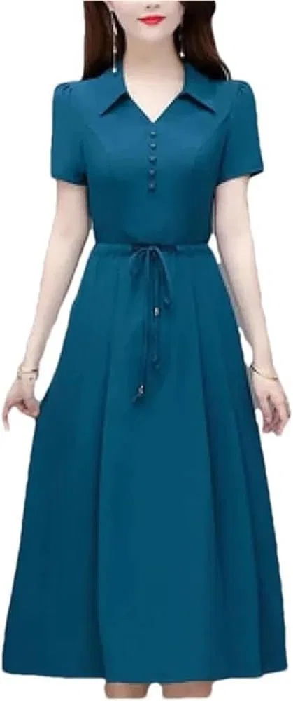 Женское офисное платье-рубашка миди A-line SDFGHHTHV, Blue